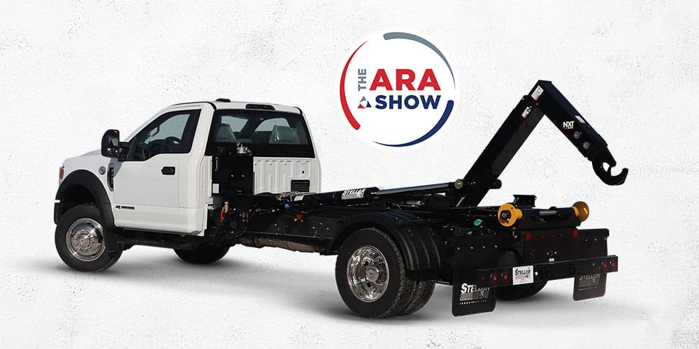Cutout image of a Stellar hooklift with The ARA Show logo.