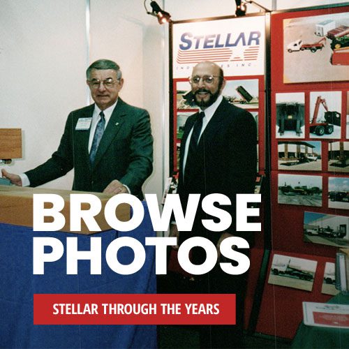 Historial photo of a Stellar trade show booth with the text "Browse Photos" and a button "Stellar Through The Years"